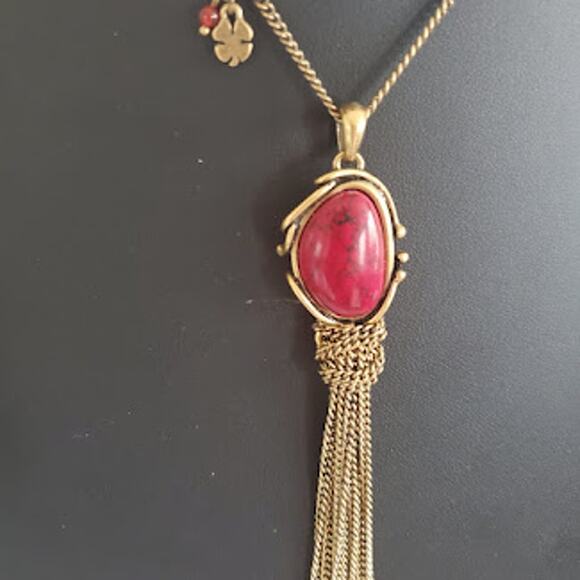 Lucky Brand Boho Necklace with Carnelian Center Stone Gold Tone Chain with Beads - Picture 8 of 8